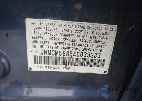 2004 Honda Accord 2.4 Ex from USA, damaged, VIN JHMCM56854C033333